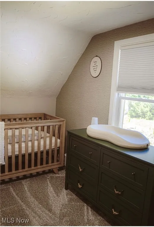 Bedroom featuring vaulted ceiling, carpet floors, and a nursery area