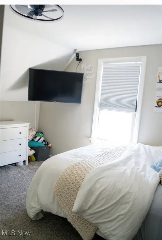 Bedroom featuring carpet flooring and lofted ceiling