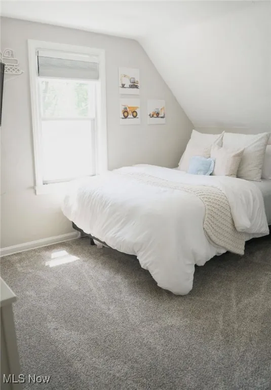 Bedroom with carpet and lofted ceiling