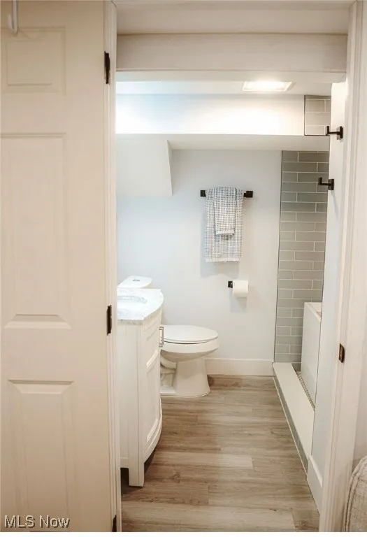 Full bath featuring wood finished floors, a shower, and vanity