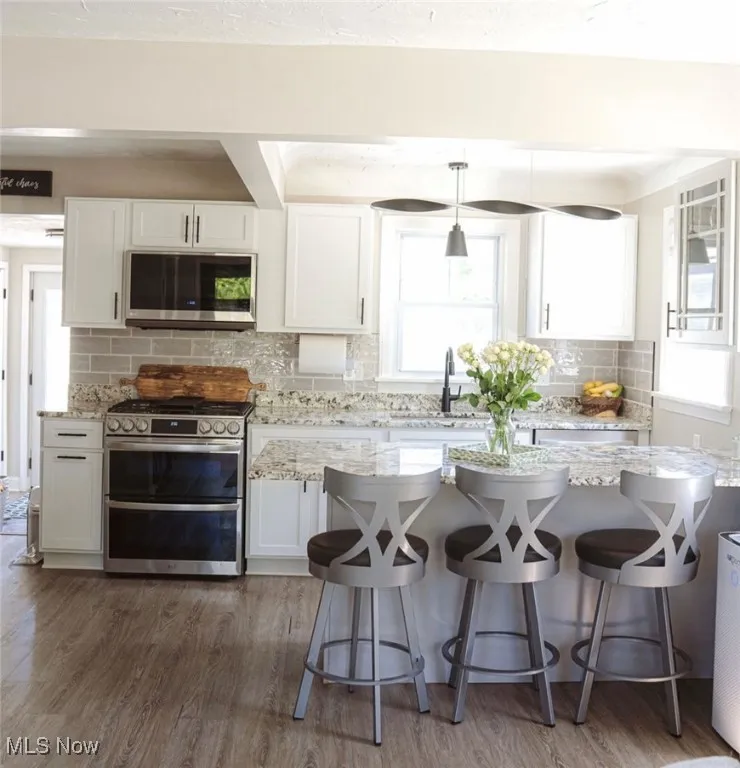 Kitchen with stainless steel appliances, backsplash, white cabinetry, dark wood-style floors, and light stone countertops