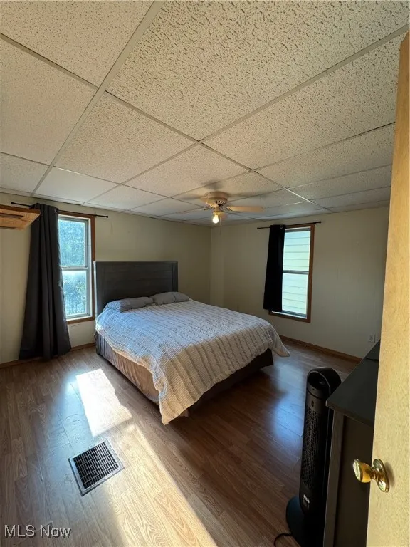Bedroom featuring multiple windows, wood finished floors, a drop ceiling, and ceiling fan