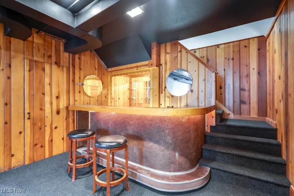 Indoor dry bar with wood walls, carpet flooring, and stairs