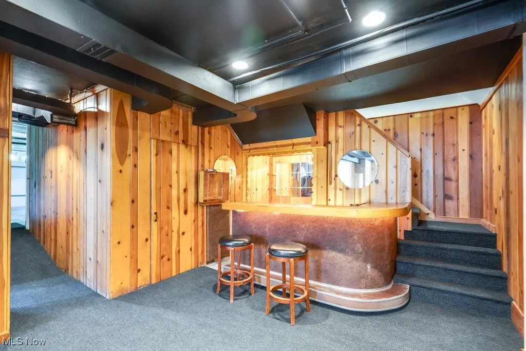 Indoor dry bar with carpet floors, wood walls, and stairway