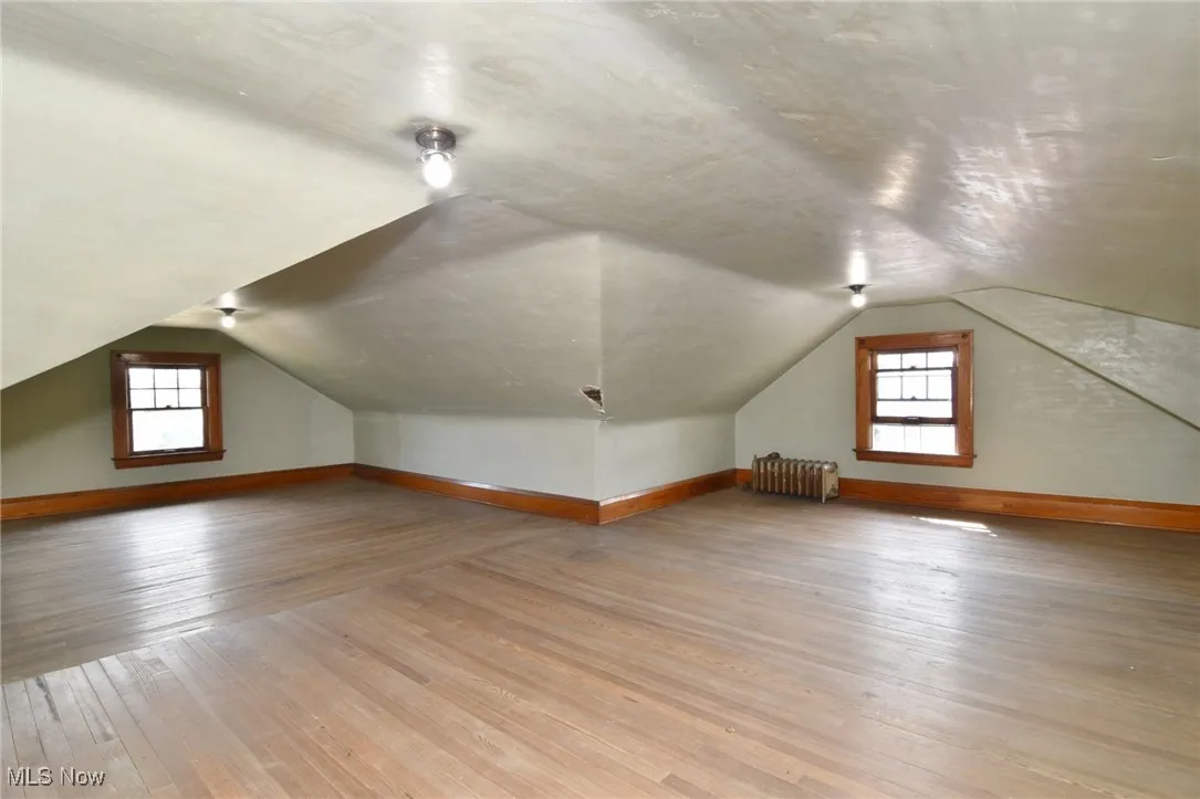 Bonus room with vaulted ceiling, light wood-style floors, healthy amount of natural light, and radiator