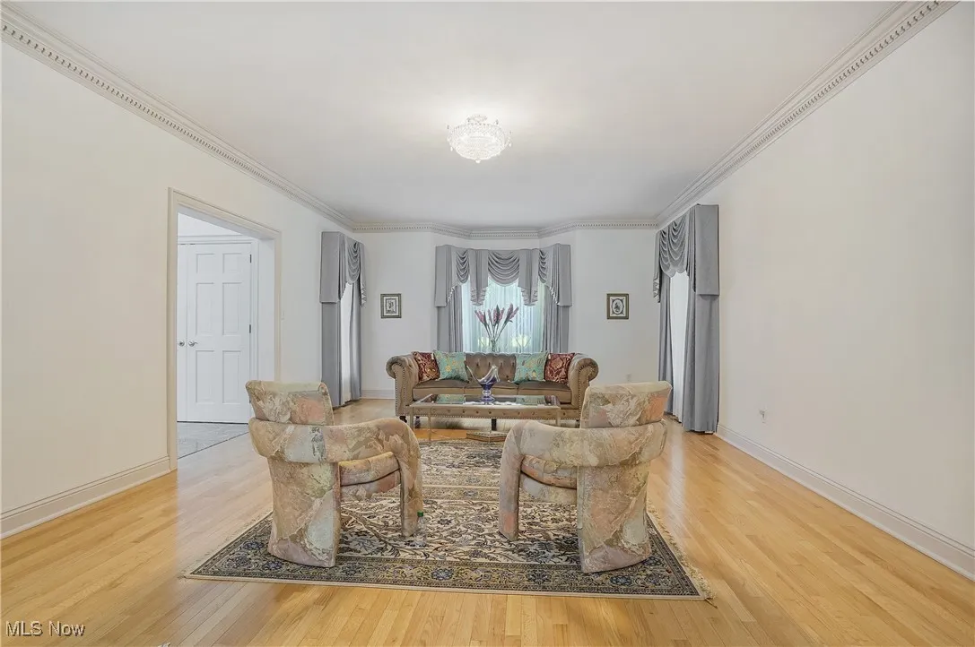 Living area with crown molding and light wood-style flooring