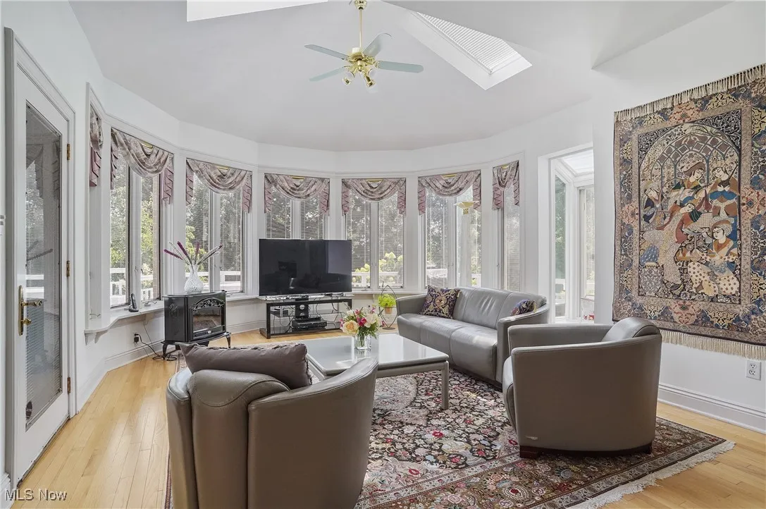 Living room featuring a skylight, wood-type flooring, healthy amount of natural light, and ceiling fan