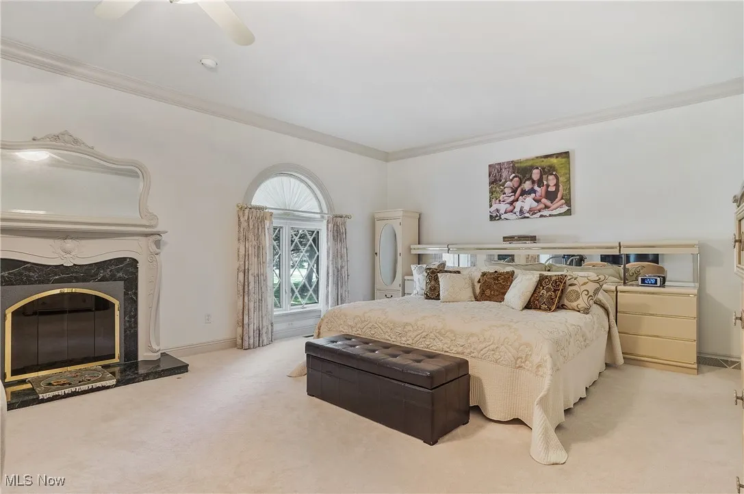 Bedroom with light carpet, ornamental molding, a ceiling fan, and a premium fireplace