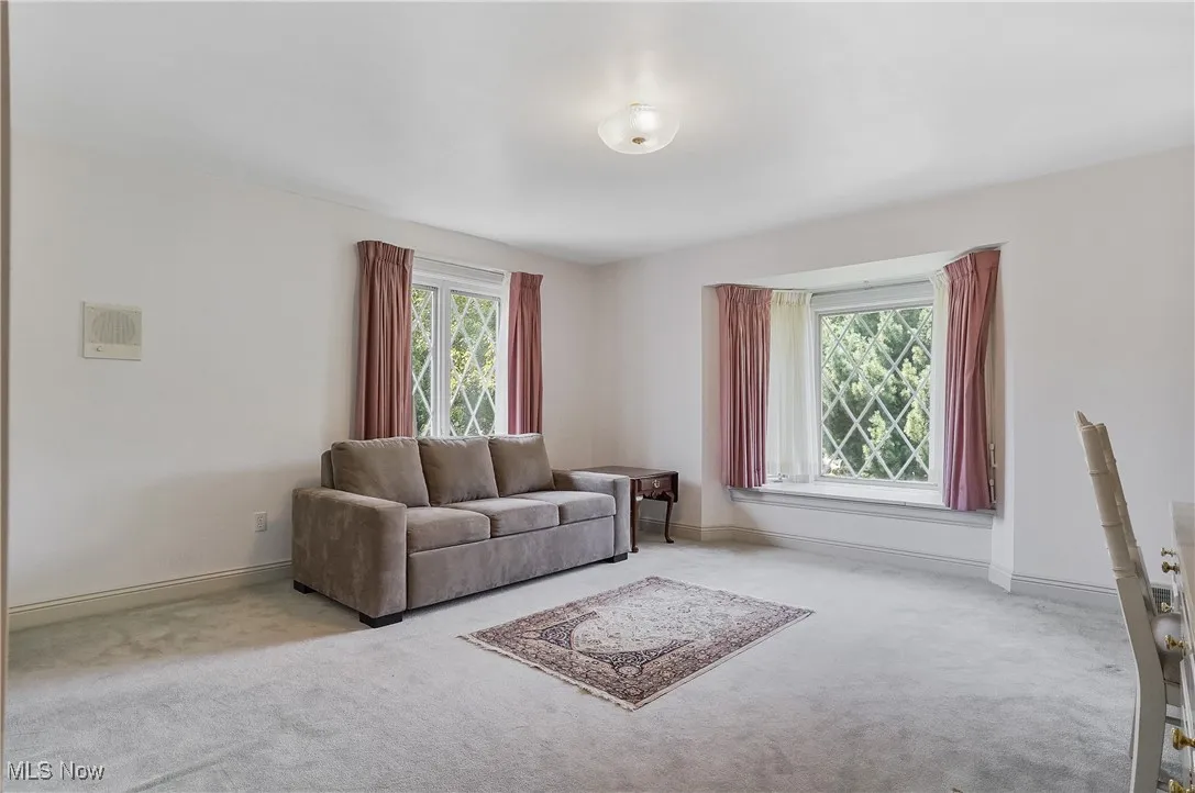 Carpeted living room with baseboards