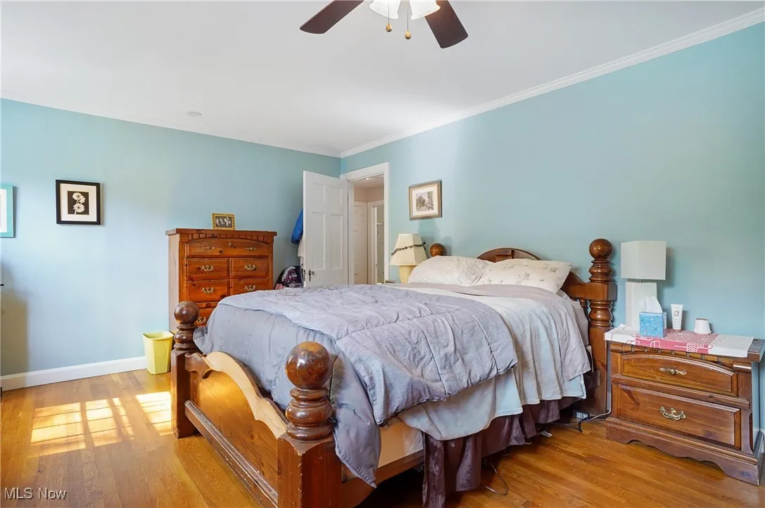 Bedroom with light wood finished floors, ornamental molding, and ceiling fan