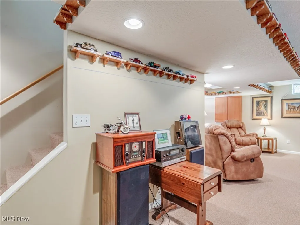 Finished lower level with a half bath, workshop and utility room