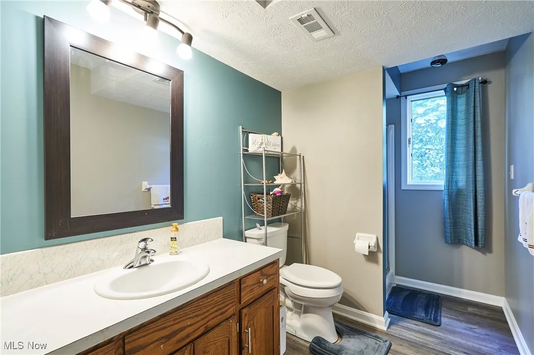 Bathroom with a textured ceiling, wood finished floors, and vanity