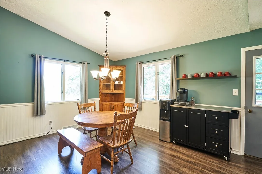 Dining area featuring vaulted ceiling, wainscoting, plenty of natural light, dark wood-type flooring, and a chandelier