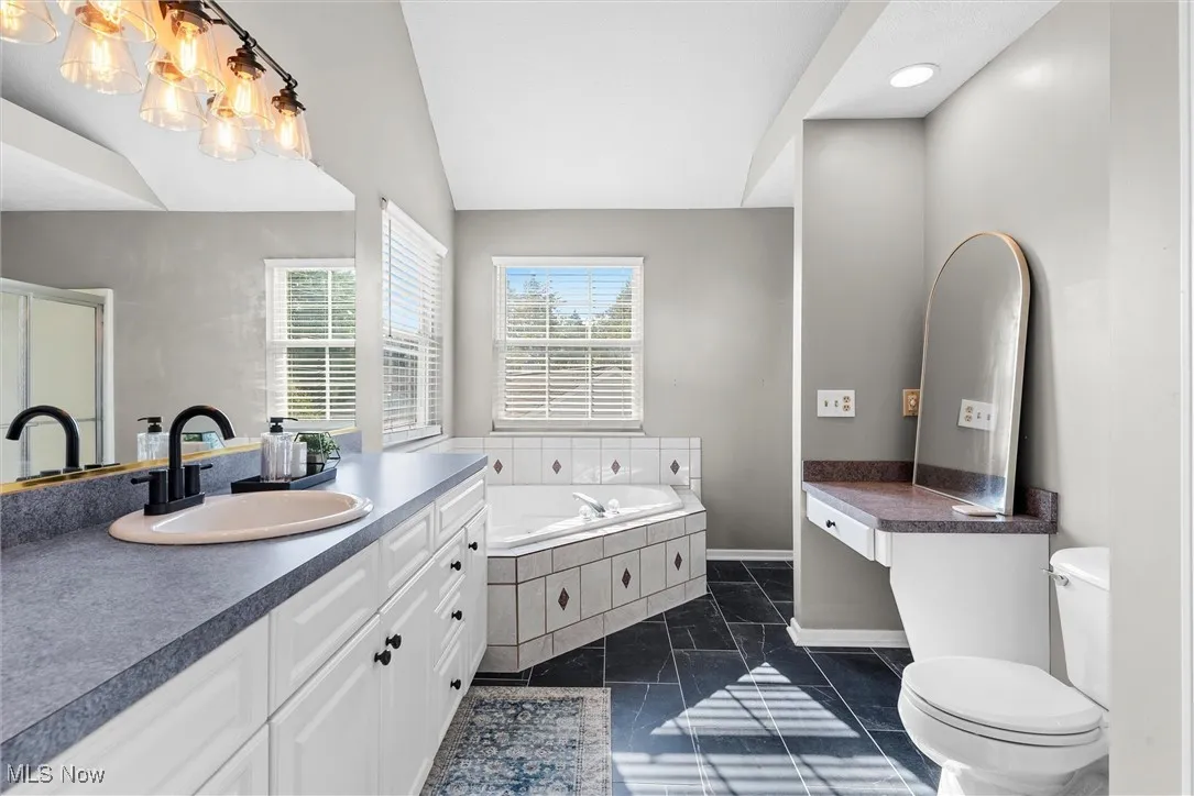 Full bathroom featuring vanity, a bath, and lofted ceiling