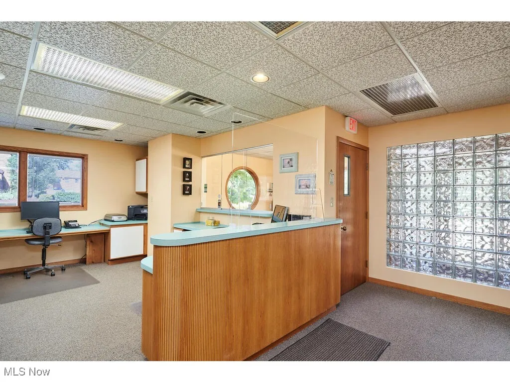 Kitchen with a drop ceiling, carpet floors, and kitchen peninsula