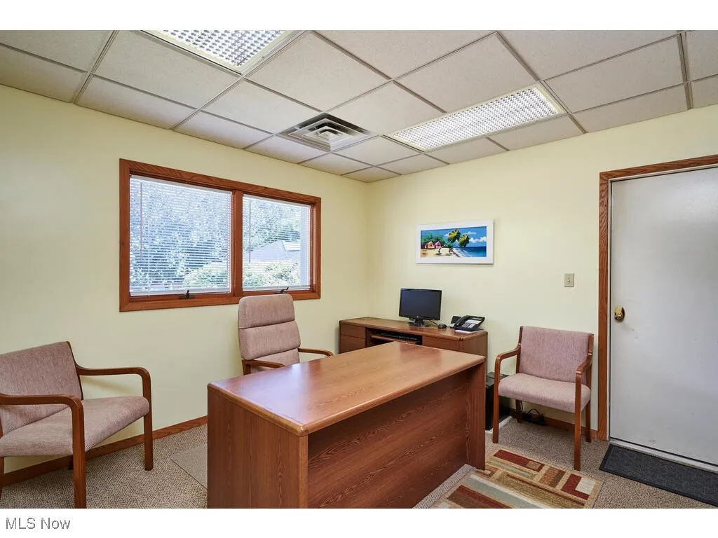 Office with carpet flooring and a drop ceiling