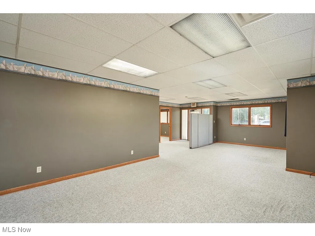 Basement featuring a paneled ceiling and light colored carpet