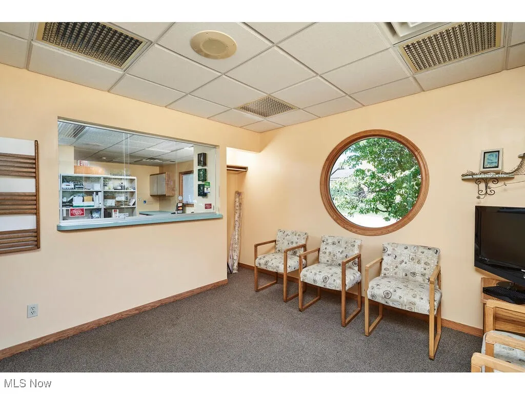 Sitting room with carpet and a drop ceiling