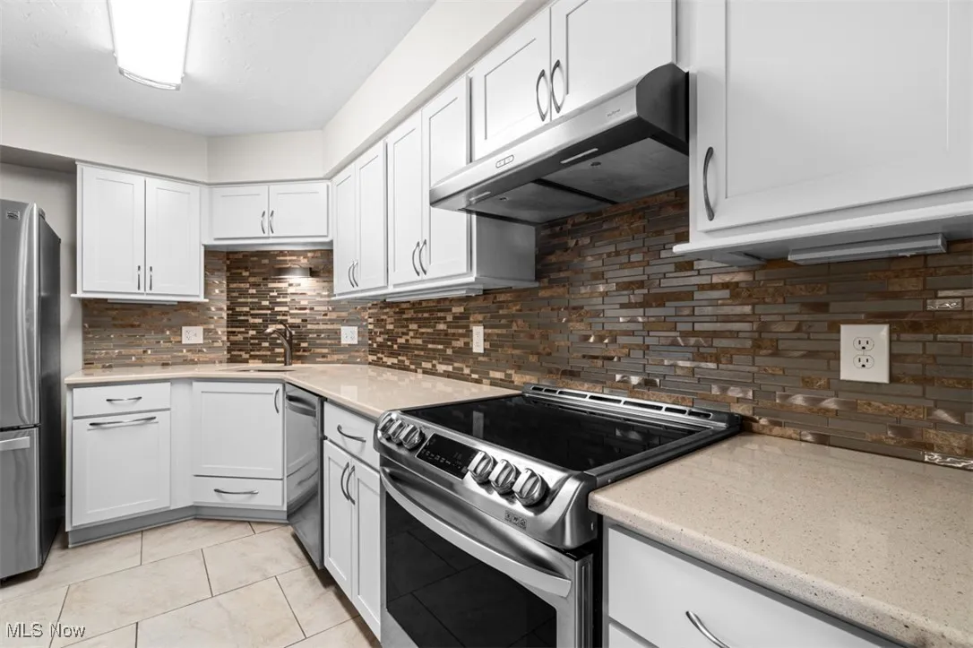 Kitchen with stainless steel appliances, tasteful backsplash, under cabinet range hood, and light stone counters