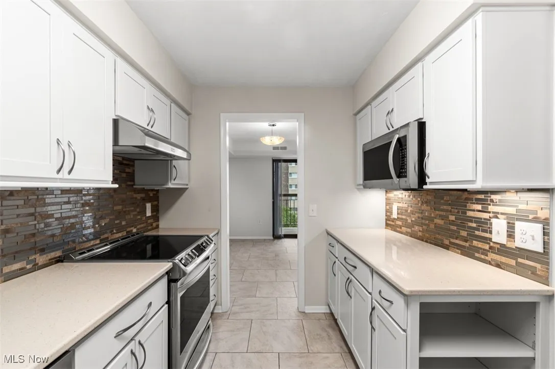 Kitchen featuring backsplash, stainless steel appliances, under cabinet range hood, and light stone countertops