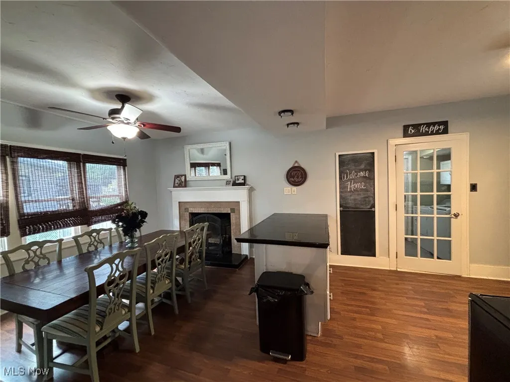 Dining room area view with fireplace