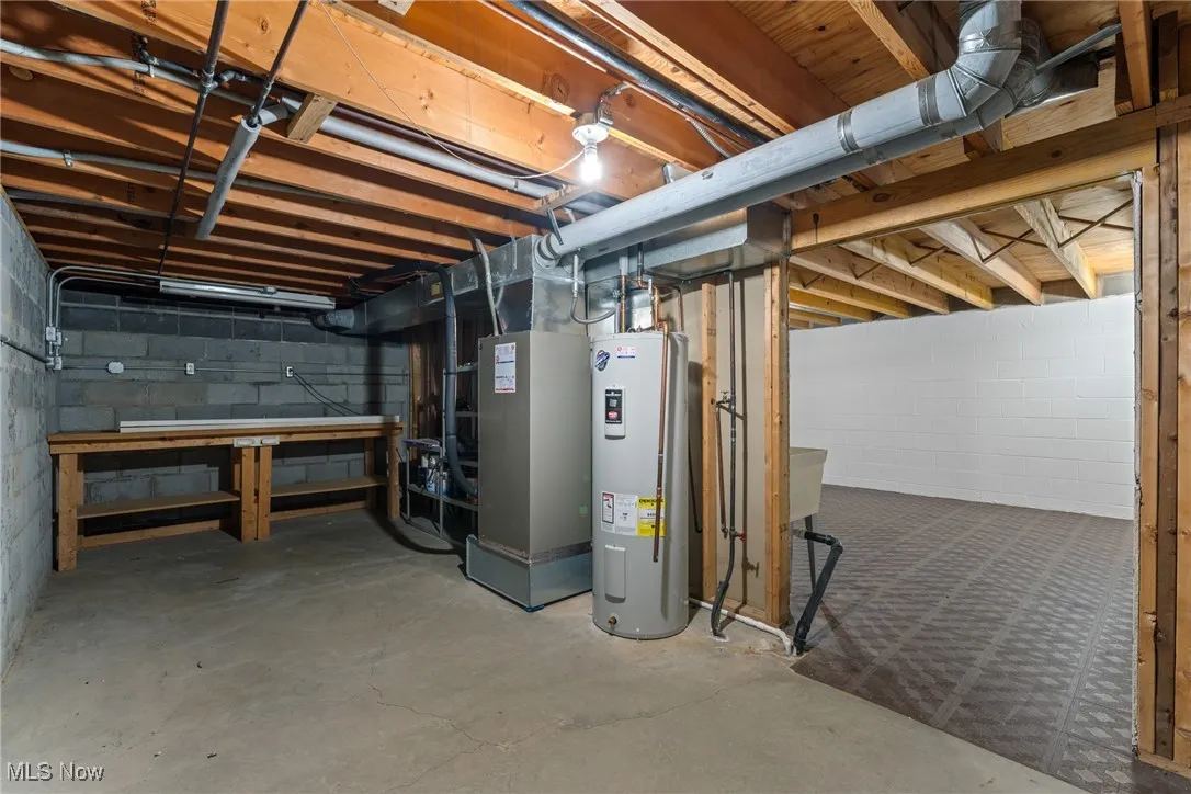 Unfinished below grade area featuring water heater and heating unit
