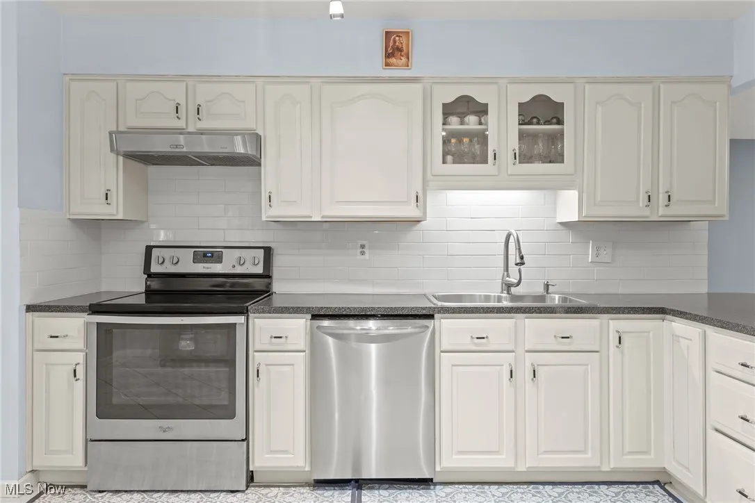 Kitchen with stainless steel appliances, under cabinet range hood, dark countertops, backsplash, and glass insert cabinets