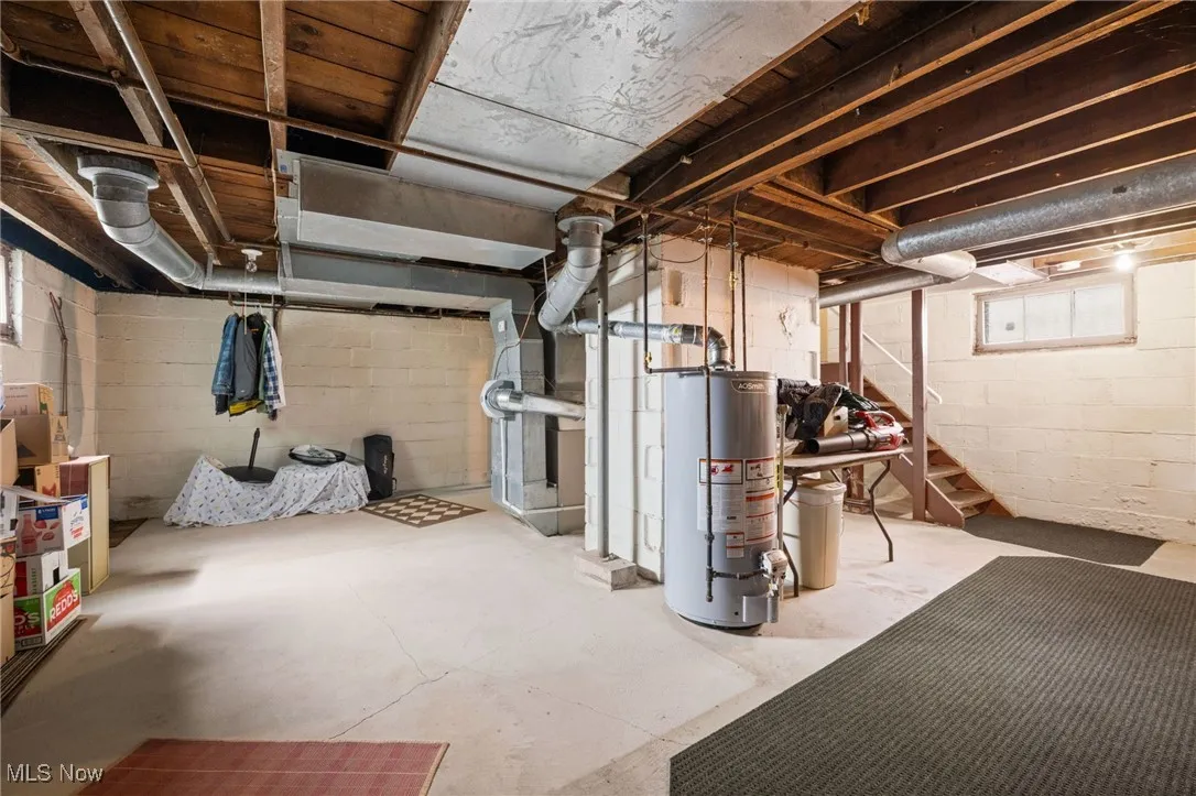 Unfinished below grade area featuring gas water heater and heating unit