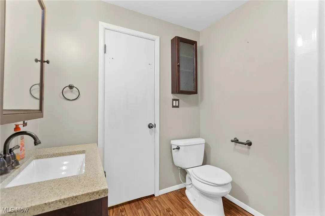 Bathroom with vanity and wood finished floors