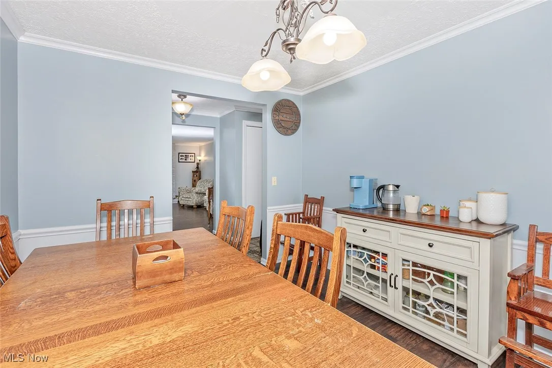 Dining area with wood finished floors, a chandelier, crown molding, and a textured ceiling