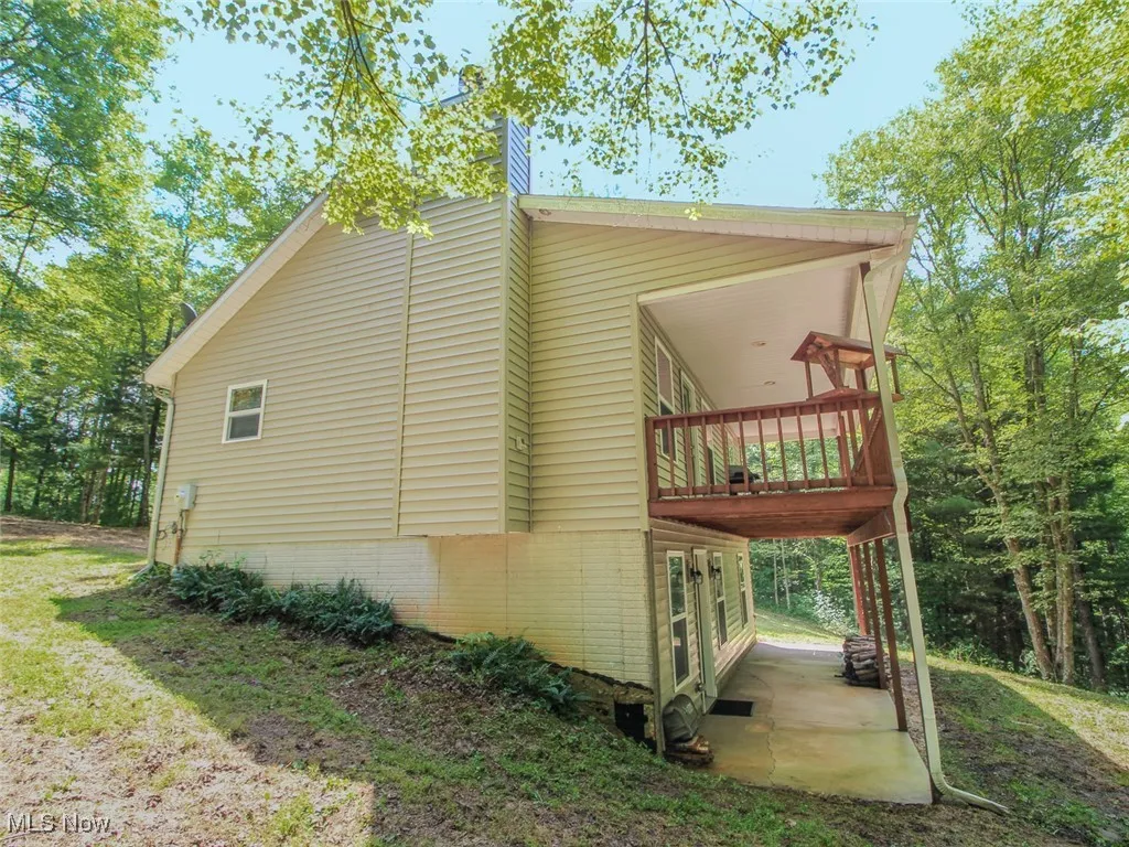 View of property exterior featuring a patio and a chimney