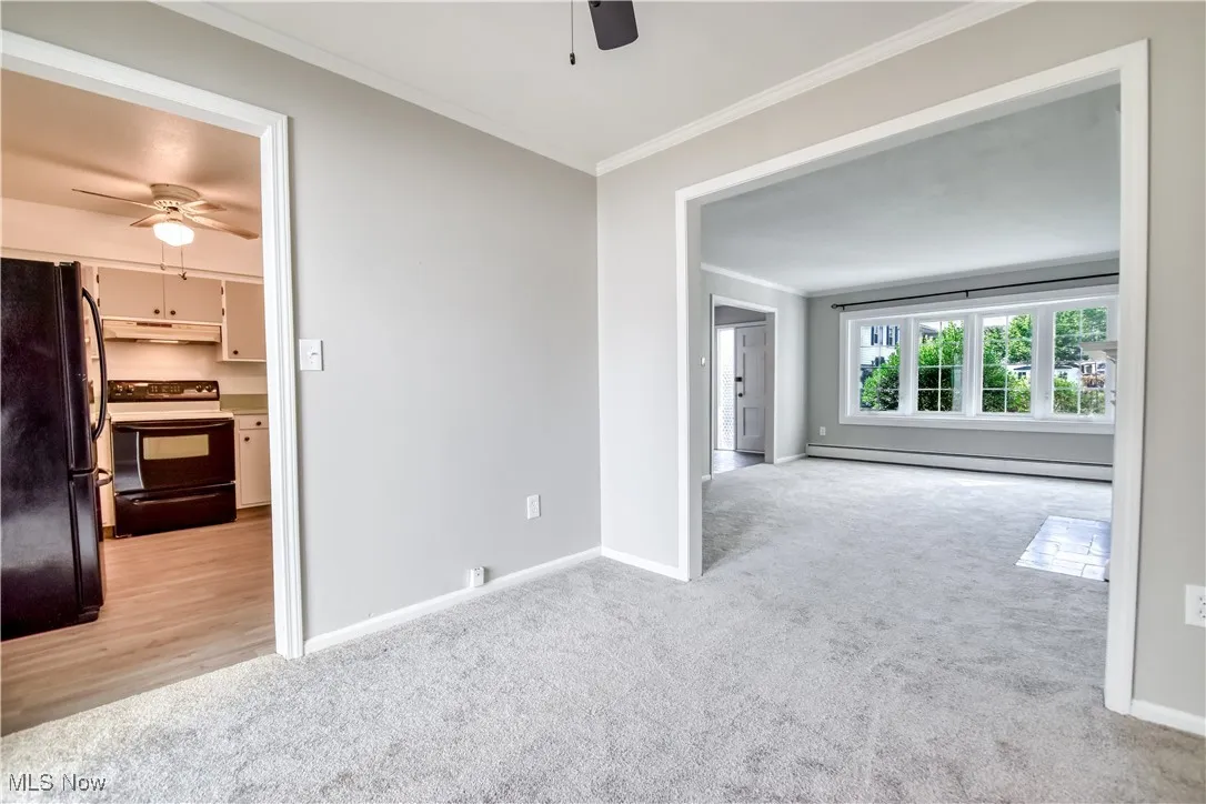 Unfurnished room featuring a ceiling fan, crown molding, light carpet, and a baseboard radiator
