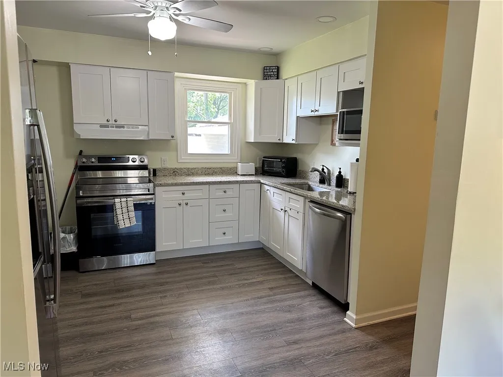 Kitchen featuring stainless steel appliances, ceiling fan, dark luxury vinyl floors, and white cabinets