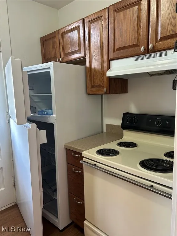 Kitchen with stove, exhaust hood, fridge, and dark wood-style floors