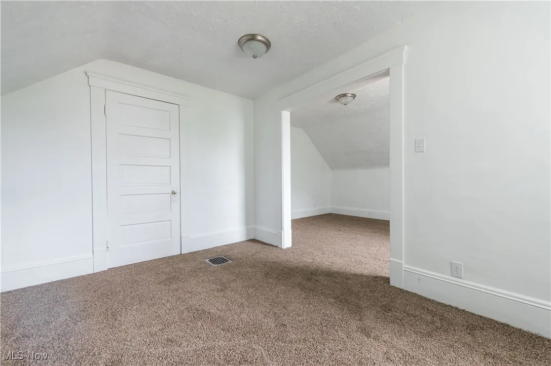 Additional living space with a textured ceiling, carpet flooring, and lofted ceiling