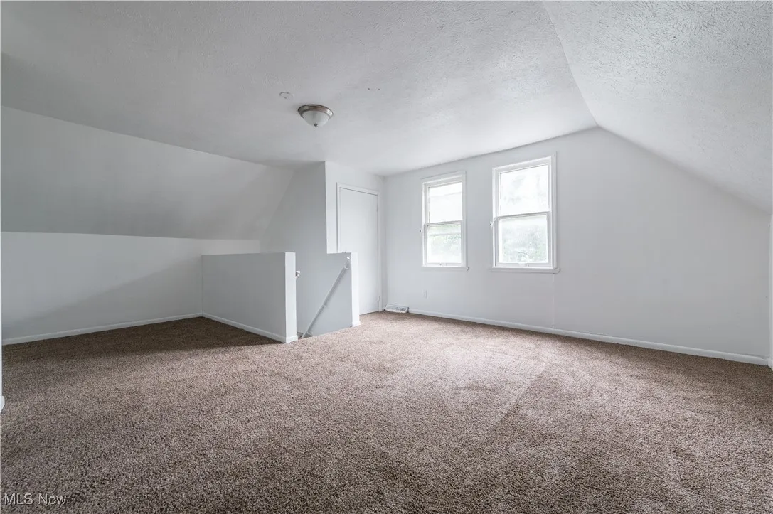 Bonus room with lofted ceiling, carpet floors, and a textured ceiling