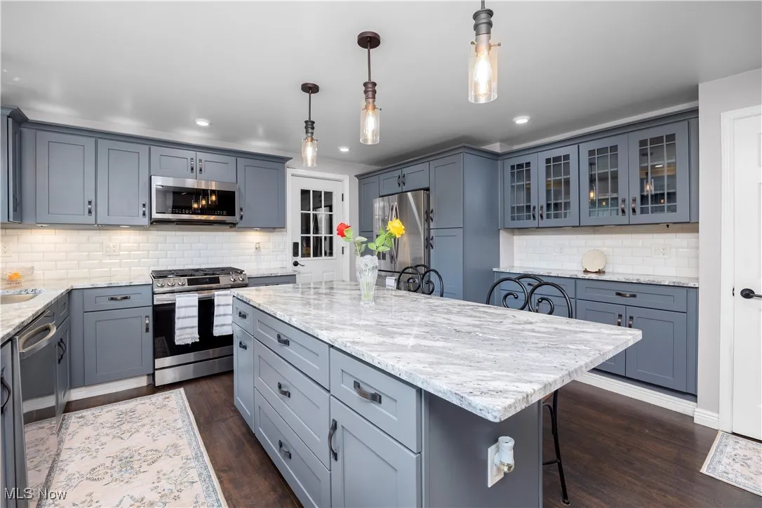 Kitchen with stainless steel appliances, a kitchen bar, a center island, decorative backsplash, and dark wood finished floors