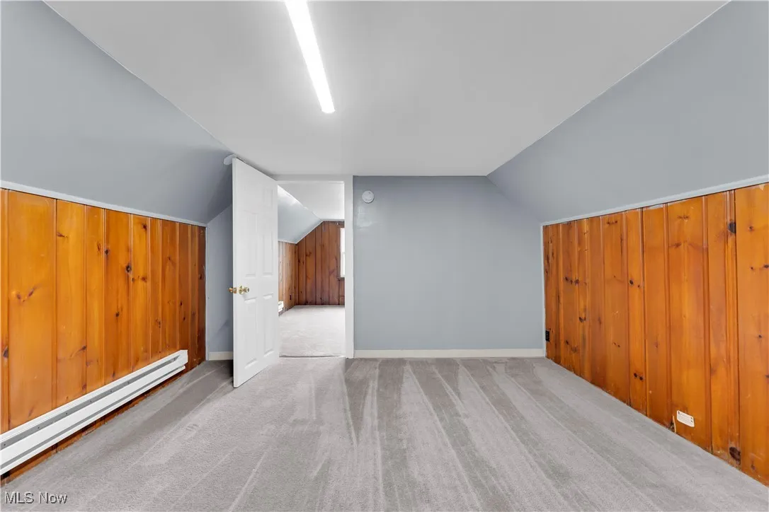 Additional living space with wood walls, carpet floors, baseboard heating, and vaulted ceiling
