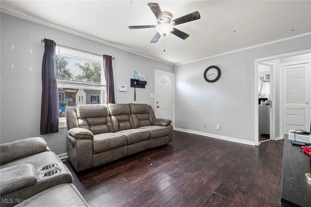 Living area with crown molding, wood finished floors, and a ceiling fan