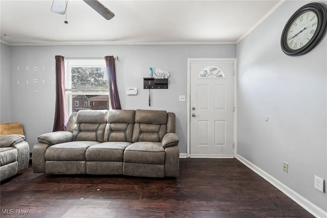 Living room with hardwood / wood-style flooring, crown molding, and a ceiling fan