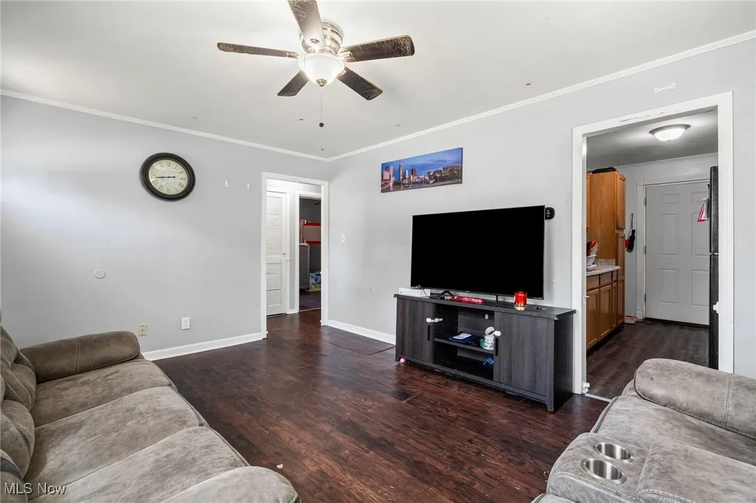 Living area with crown molding, ceiling fan, and dark wood-type flooring
