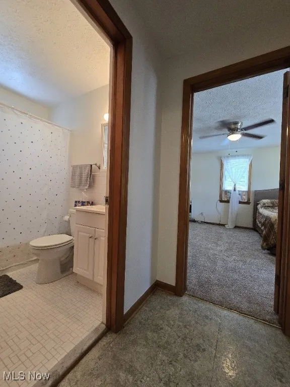 Full bathroom with a textured ceiling, vanity, and a shower with shower curtain
