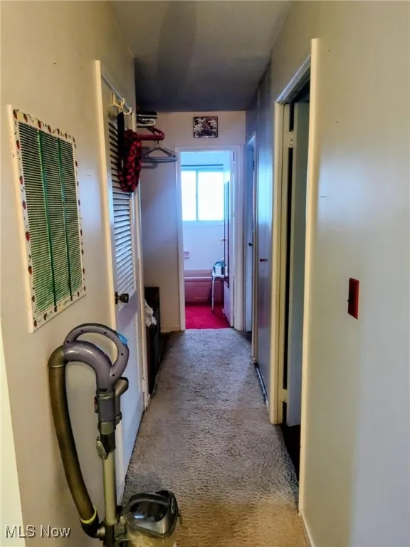 Hallway featuring carpet