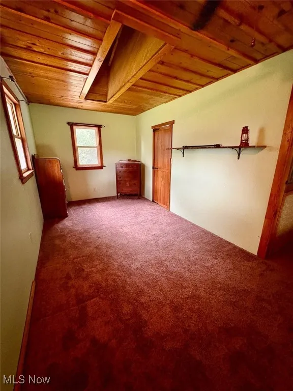 Carpeted spare room featuring wood ceiling