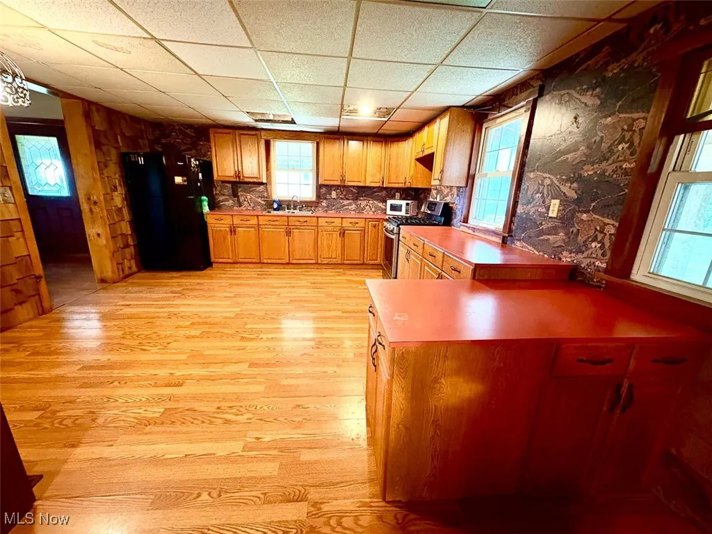 Kitchen featuring healthy amount of natural light, freestanding refrigerator, gas range, light wood-style floors, and a drop ceiling