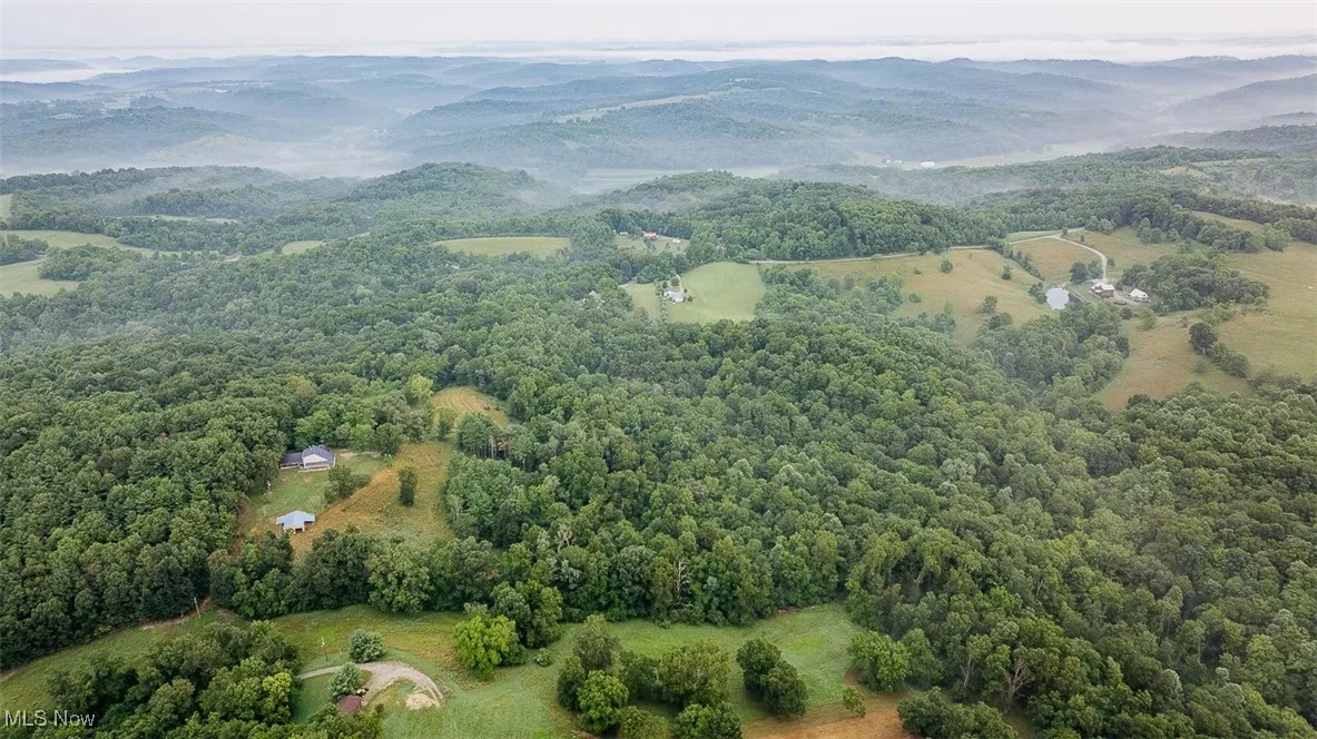 Aerial view of property and surrounding area with a forest and mountains