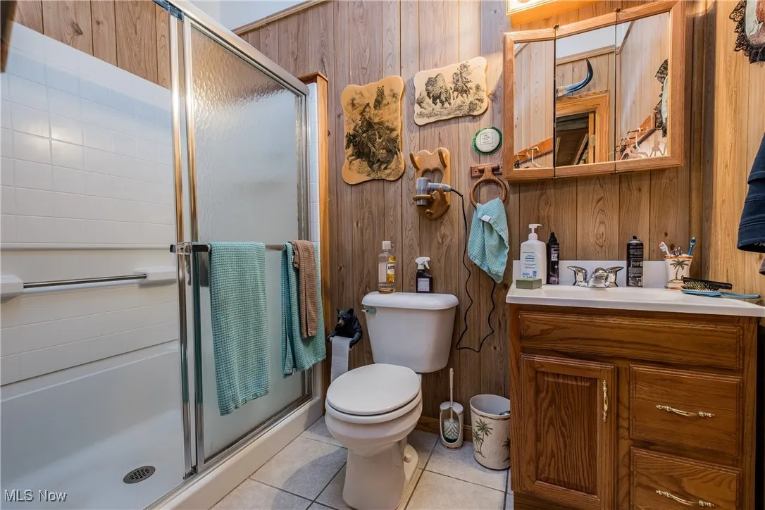 Full bathroom with vanity, wooden walls, tile patterned flooring, a shower stall, and toilet