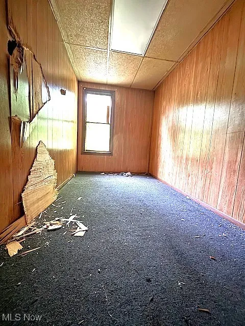 Spare room featuring wooden walls and a paneled ceiling