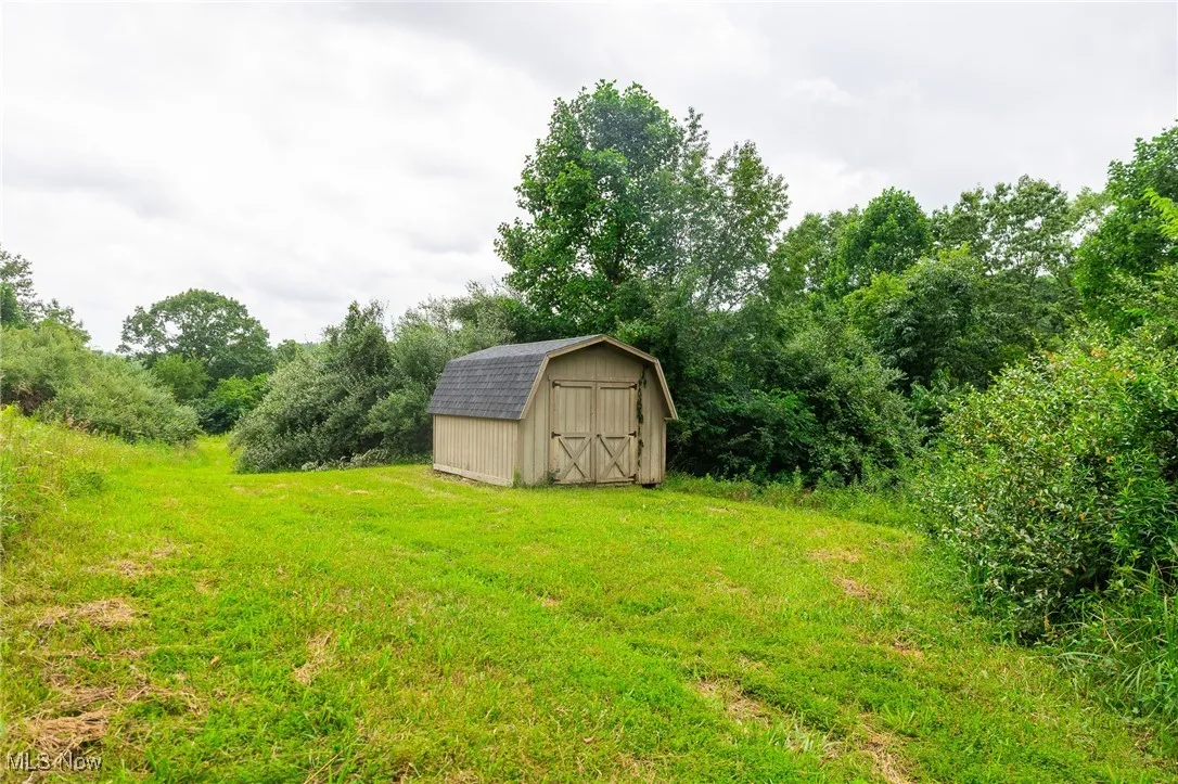 View of green lawn featuring a shed