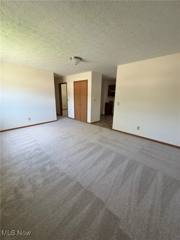 Unfurnished room featuring light colored carpet and a textured ceiling